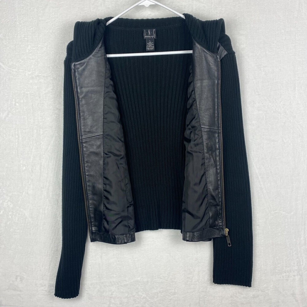 I.N.C Leather Jacket Womens Large Petite Black Pockets Hooded Ladies Jacket - Picture 3 of 11